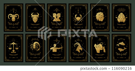 Zodiac cards. Astrological calendar. Gold signs of Aries, Sagittarius and Libra. Magic frames with Taurus and Leo. Fortune prediction. Star constellations. Vector horoscope symbols set 116090216