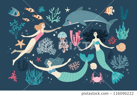 Sea mermaid set. Little dolphin, crub and fishes, girl ocean character with tail, cute fantasy ocean marine women, underwater seashell swim. Cute drawing. Vector cartoon flat illustration 116090222