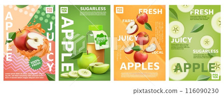 Apple posters. Fruit pattern. Food ad banner design. Fresh harvest festival. Natural product. Vitamin beverage splash. Minimal trendy graphic. Drink label templates set. Vector backgrounds Apple posters. Fruit pattern. Food ad banner design. Fresh harvest festival. Natural product. Vitamin beverage splash. Minimal trendy graphic. Drink label templates set. Vector backgrounds 116090230