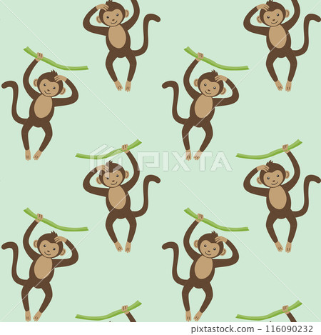 Children's seamless pattern with an animal. A funny monkey is hanging on a branch. Vector illustration in a flat style. 116090232