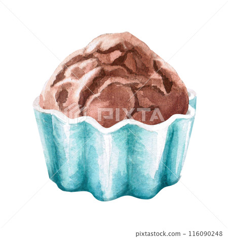 Cupcake in a ceramic baking tin in watercolor illustration on a white background. Hand-drawn illustration for kitchenware stores, recipes, invitations, master class announcements. Cupcake in a ceramic baking tin in watercolor illustration on a white background. Hand-drawn illustration for kitchenware stores, recipes, invitations, master class announcements. 116090248