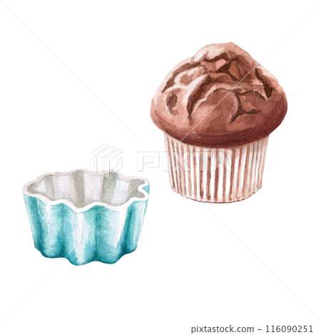 Ceramic muffin tin and cupcake in watercolor illustration on a white background. Hand-drawn illustration for kitchenware stores, invitations, cooking class announcements, magazines. 116090251
