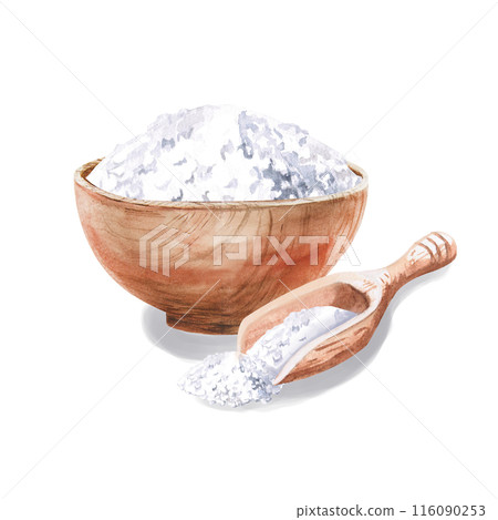 Wooden cup with salt in watercolor illustration on a white background. Hand-drawn medical illustration of mice, salt, mushrooms for culinary books, spa advertisements, baths, saunas, cosmetic salons 116090253