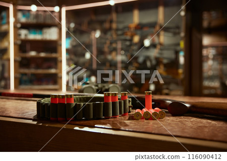 Bullets cartridge and belt chain for storage in weapon shop 116090412