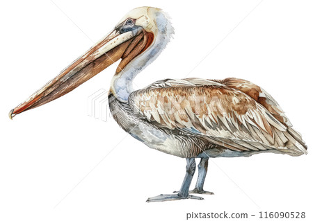 Brown pelican, Pastel-colored, in hand-drawn style, watercolor, isolated on white background 116090528