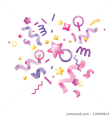 3D party confetti icon, vector holiday surprise serpentine, plastic stars, festive flying ribbon.  116090624