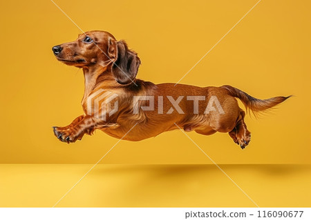 Dachshund dog Jumping and remaining in mid-air, studio lighting, isolated on pastel background, stock photographic style Dachshund dog Jumping and remaining in mid-air, studio lighting, isolated on pastel background, stock photographic style 116090677