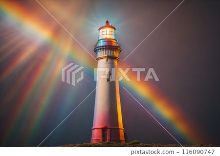 Visual depiction of a lighthouse projecting a spectrum of colors, symbolic of notions related to hope, joy, and diversity. 116090747