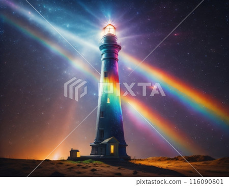 Graphic rendering of a lighthouse radiating colorful lights, associated with ideas of aspiration, delight, and heterogeneity. 116090801