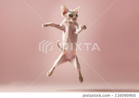 Sphynx cat Jumping and remaining in mid-air, studio lighting, isolated on pastel background, stock photographic style 116090908