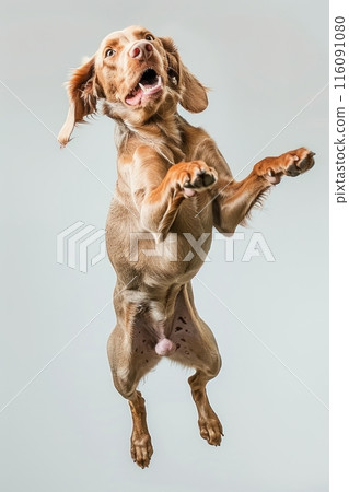Harrier dog Jumping and remaining in mid-air, studio lighting, isolated on white background, stock photographic style Harrier dog Jumping and remaining in mid-air, studio lighting, isolated on white background, stock photographic style 116091080