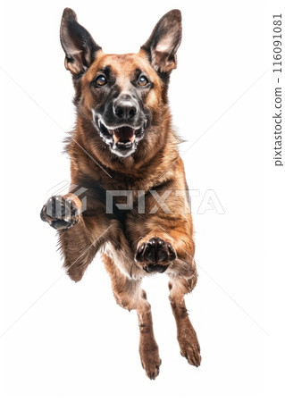 Belgian Malinois dog Jumping and remaining in mid-air, studio lighting, isolated on white background, stock photographic style Belgian Malinois dog Jumping and remaining in mid-air, studio lighting, isolated on white background, stock photographic style 116091081