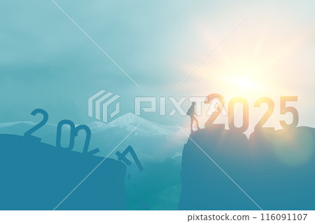 New year 2025 or straight forward concept. Text 2024 to 2025 written on the mountain top with at sunrise. Concept of planning, goal, challenge, new year resolution and start. 116091107