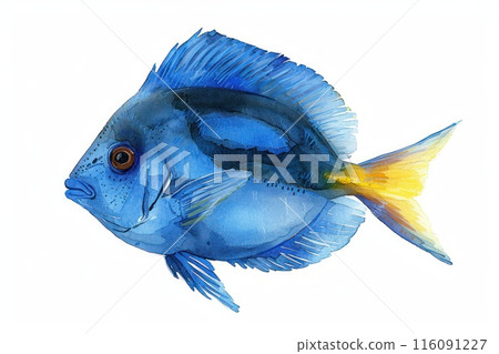 Blue tang,  Pastel-colored, in hand-drawn style, watercolor, isolated on white background 116091227