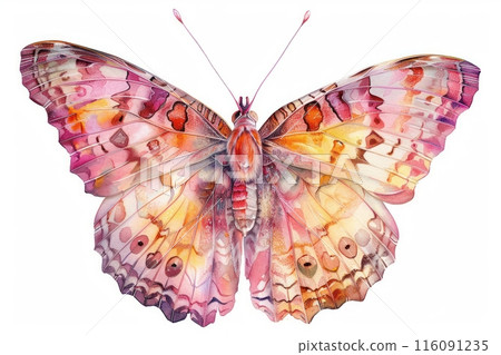 Butterfly,  Pastel-colored, in hand-drawn style, watercolor, isolated on white background 116091235