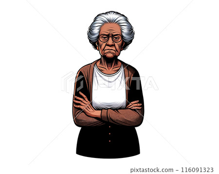 An elderly black woman with her arms crossed and a displeased expression 116091323
