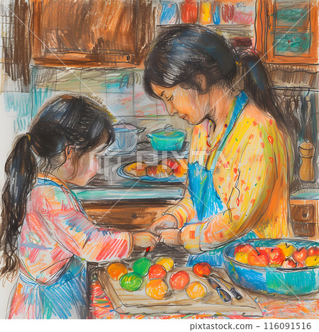 Primitive child's drawing.Young girl with long dark hair, stands in the kitchen with her mother. Mother, also wearing a pink and blue outfit with an apron, is preparing fresh fruit. Both look intently 116091516