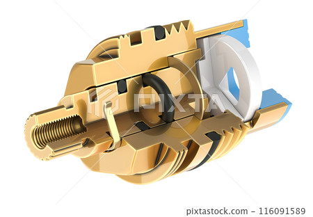 Cutaway view of standard washer tap valve headwork compression gland, 3D rendering 116091589
