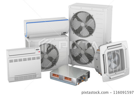 Air conditioner indoor wall and outdoor compressor multi-zone unit, ceiling cassette unit, floor standing air conditioner and slim duct ceiling unit. 3D rendering Air conditioner indoor wall and outdoor compressor multi-zone unit, ceiling cassette unit, floor standing air conditioner and slim duct ceiling unit. 3D rendering 116091597