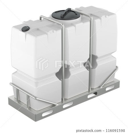 Rectangular Plastic Water Storage Tank with skeleton and pallet, 3D rendering Rectangular Plastic Water Storage Tank with skeleton and pallet, 3D rendering 116091598