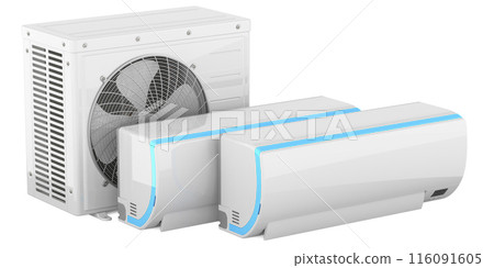 Split System Air Conditioner with two indoor wall units and outdoor compressor unit, 3D rendering Split System Air Conditioner with two indoor wall units and outdoor compressor unit, 3D rendering 116091605
