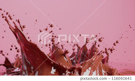 High quality photo capturing the moment of a lively splash between chocolate and caramel against a delicate pink background, highlighting the contrast and movement for a visually stunning effect 116091641