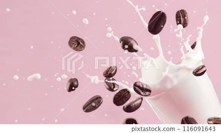 High quality photo capturing the dynamic splash of milk and coffee beans in mid-air, perfect for representing the energy of coffee and the smoothness of milk in a visually appealing composition 116091643