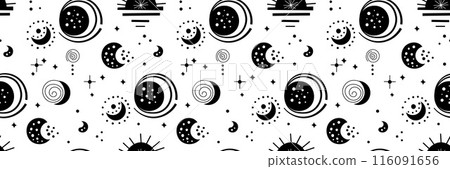 Seamless neo folk patterns with moon, cloud, sun and stars, black and white celestial design. Set Neo folk style endless backgrounds perfect for textile design. Seamless neo folk patterns with moon, cloud, sun and stars, black and white celestial design. Set Neo folk style endless backgrounds perfect for textile design. 116091656