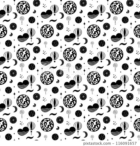 Seamless neo folk patterns with moon, cloud, sun and stars, black and white celestial design. Set Neo folk style endless backgrounds perfect for textile design. Seamless neo folk patterns with moon, cloud, sun and stars, black and white celestial design. Set Neo folk style endless backgrounds perfect for textile design. 116091657