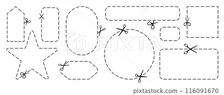 Cut here icon. Set of scissors cutting shape, paper cut here icon with dotted line for ticket, coupon, promo code. Cut here icon. Set of scissors cutting shape, paper cut here icon with dotted line for ticket, coupon, promo code. 116091670