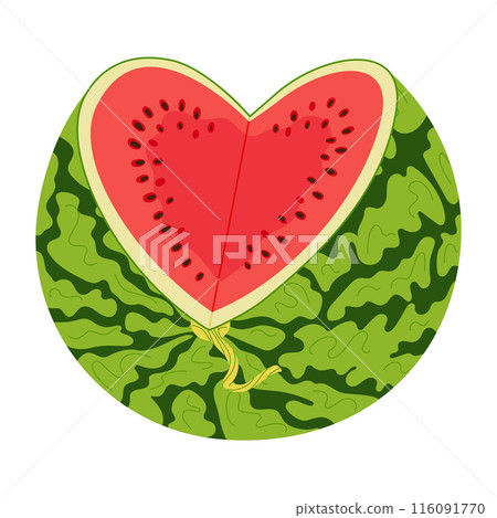 Fresh red juicy Cut watermelon in heart shape Hand drawn flat style summer fruit 116091770