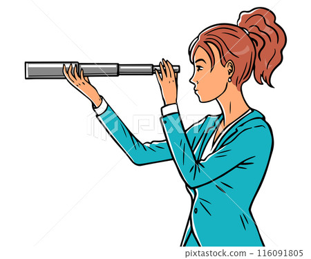 Business lady looks through a telescope Business lady looks through a telescope 116091805