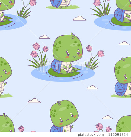 Seamless pattern with little turtle on leaf on lake with flowers on light blue background. Cute cartoon kawaii animal character. Vector illustration. Kids collection 116091824