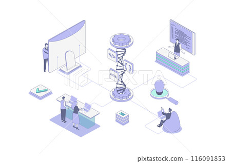 Web development isometric concept in outline isometry design for web. People prototyping website inner structure and coding, working on ui ux for mobile apps and pages layouts. Vector illustration. 116091853