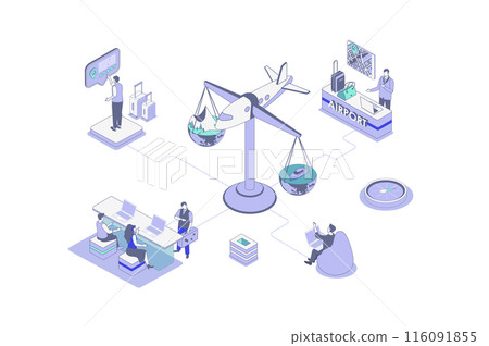 Travel vacation isometric concept in outline isometry design for web. People planning vacation trip, booking flight tickets with luggage, going airport control, boarding plane. Vector illustration. 116091855