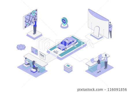 Taxi service isometric concept in outline isometry design for web. People ordering car online with mobile app or computer, passenger tracking route at digital map in application. Vector illustration. 116091856