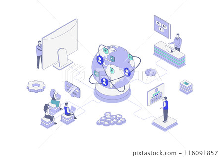 Social network isometric concept in outline isometry design for web. People communicating online with global friends, subscribing to blog profiles, likes, shares of new posts. Vector illustration. Social network isometric concept in outline isometry design for web. People communicating online with global friends, subscribing to blog profiles, likes, shares of new posts. Vector illustration. 116091857