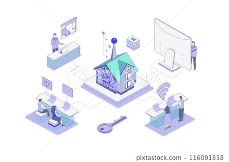 Smart home isometric concept in outline isometry design for web. People monitoring and controlling security systems, surveillance cameras, appliance and other sensors in house. Vector illustration. 116091858