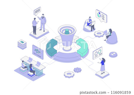 Referral marketing isometric concept in outline isometry design for web. People communicating and recommending, attracting new customers with loyalty program advertisement tools. Vector illustration. 116091859
