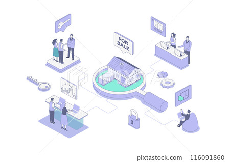 Real estate isometric concept in outline isometry design for web. People choosing and buying new house with realtor agency, getting bank mortgage, investing in building property. Vector illustration. 116091860