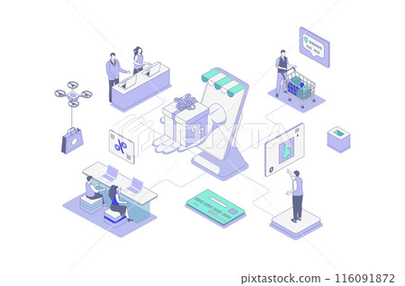 Discount of goods isometric concept in outline isometry design for web. People doing online shopping and getting gifts with store loyalty program, best offer prices in shop. Vector illustration. 116091872