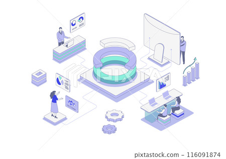 Data analysis isometric concept in outline isometry design for web. People studying diagram and chart, researching statistics for financial reports, analyzing graph dashboard. Vector illustration. 116091874