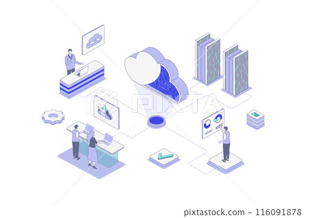 Cloud computing isometric concept in outline isometry design for web. People using online data storage platform, uploading files and computing with secure access to server. Vector illustration. 116091878