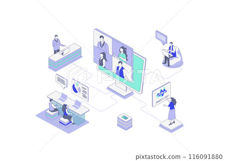 Business meeting isometric concept in outline isometry design for web. People connectingin by video work call, discussing tasks with boss, showing presentation and brainstorming. Vector illustration. Business meeting isometric concept in outline isometry design for web. People connectingin by video work call, discussing tasks with boss, showing presentation and brainstorming. Vector illustration. 116091880