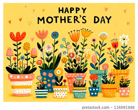 Yellow Mother's Day card with pop art potted flower illustration and Happy Mother's Day message 116091886