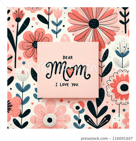 Mother's Day card with cute pink flower illustration and Dear Mom I love you message 116091887