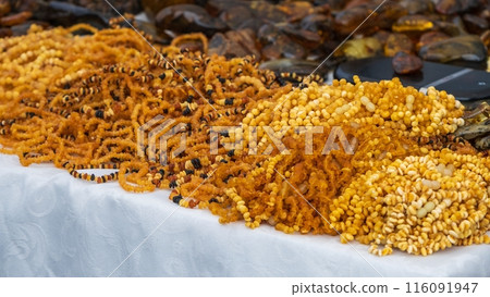 Assorted Amber Bead Necklaces on Display Assorted Amber Bead Necklaces on Display 116091947
