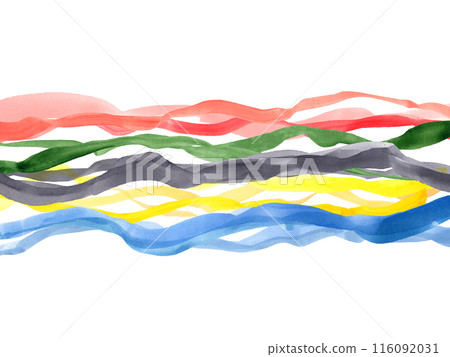 Abstract watercolor waves with vibrant tones and graceful strokes. Wavelike patterns in vibrant red, green, black, yellow, blue. Fluid lines in color of Olympic games. Illustration isolated on white 116092031