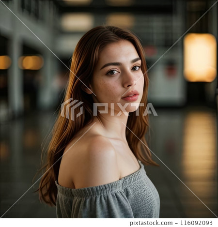 a close up of a woman s face with a speaker in the background 116092093