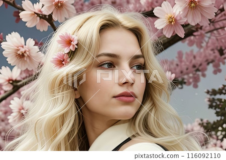 Woman with long blonde hair under cherry blossom tree 116092110